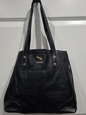 Emma Fox Leather Shoulder Bag Black with Gold Fox Emblem Houndstooth Linning